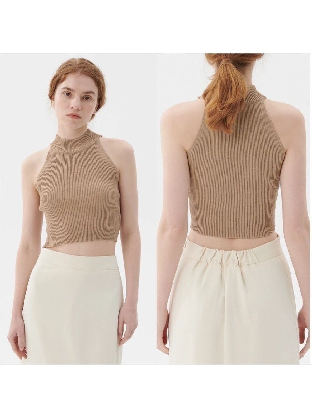 Storets Finley Knitted High Neck Halter Ribbed Crop Top in Taupe- NWT